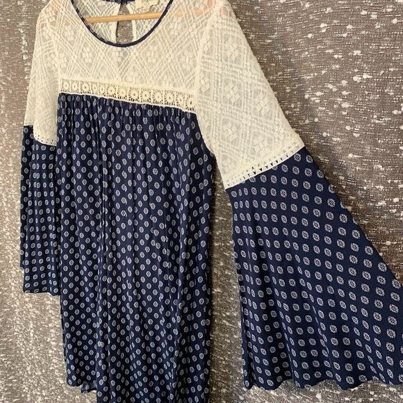 Umgee Lace Bell Sleeve Boho Blue Mini Dress Women's Small - Picture 6 of 12
